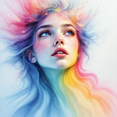 The primary subject of the image is a woman with long hair, painted in a vibrant and colorful manner. The setting is a colorful background, which adds to the overall visual style. The woman's hair is depicted in a digital art or illustration style, creating a unique and eye-catching appearance. The colors and mood of the image are lively and energetic, with a focus on the woman's beauty and the vivid colors of her hair.
